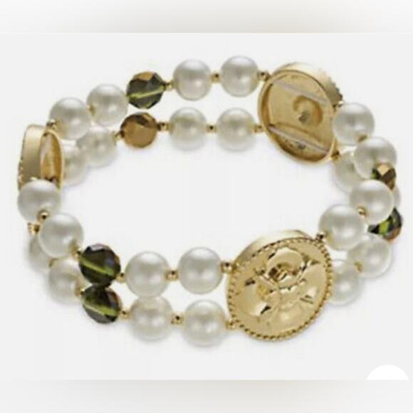 NEW Charter Club STRETCH BRACELET Imitation Pearl Gold Coin & Green Bead Two-Row - Picture 1 of 4